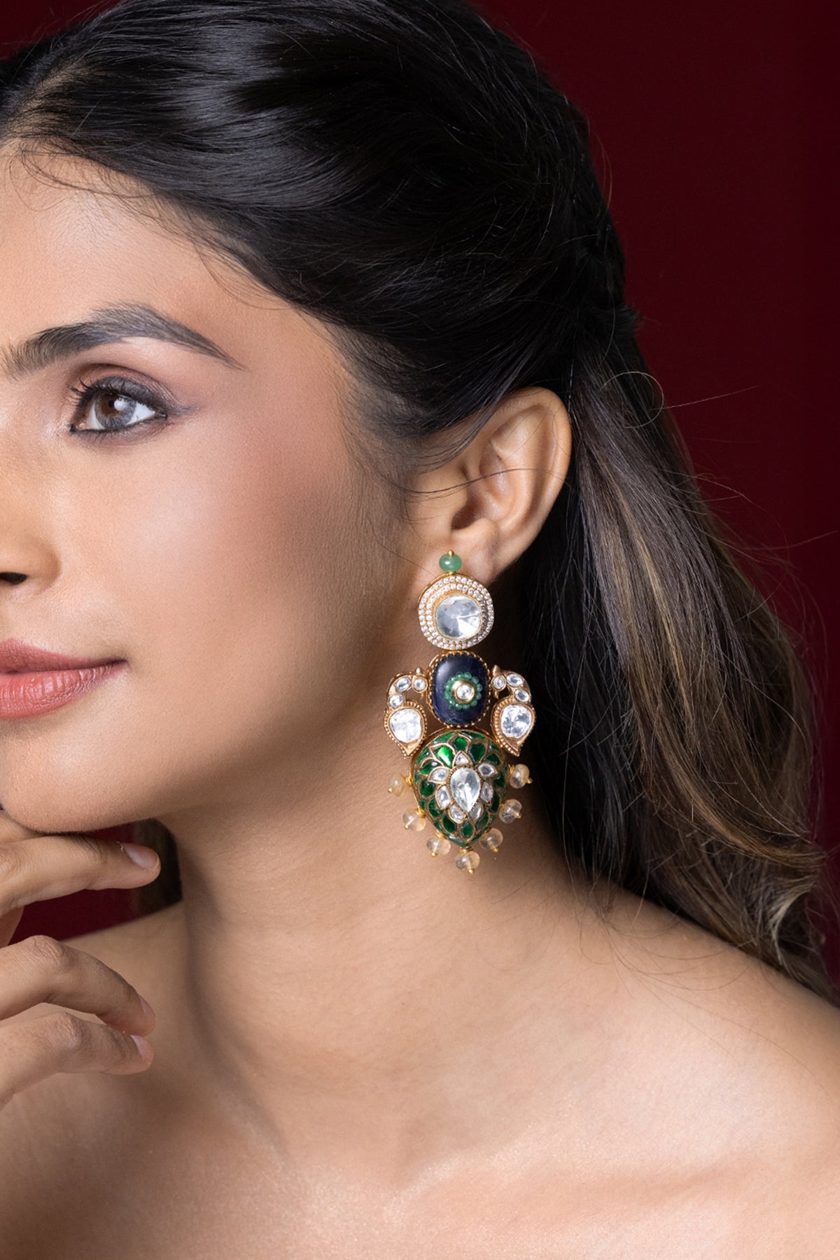 Gold Finish Green Kundan Polki Dangler Earrings