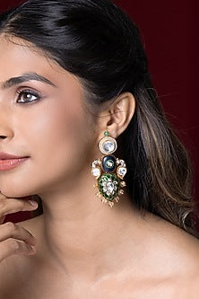 Gold Finish Green Kundan Polki Dangler Earrings
