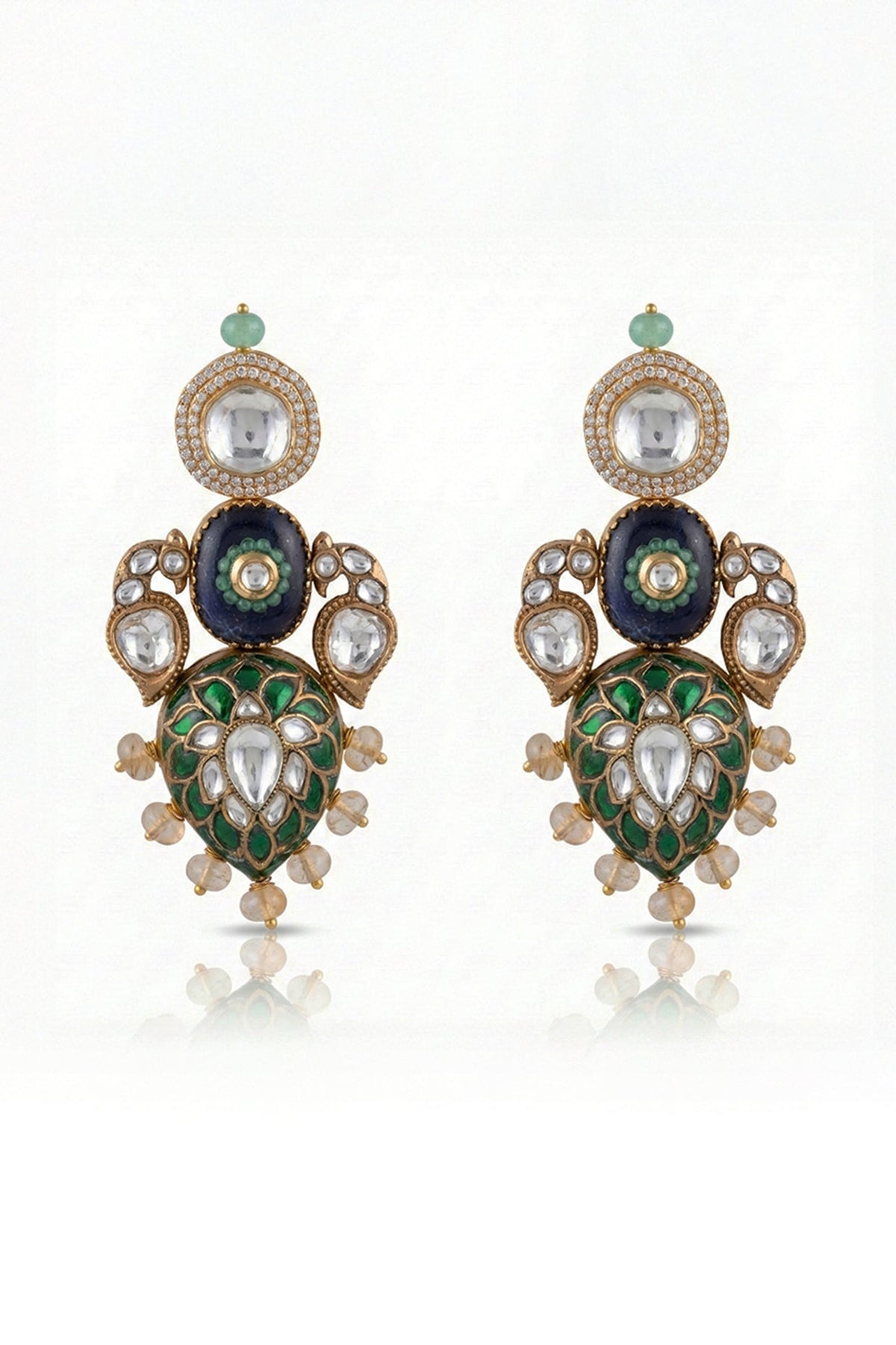 Gold Finish Green Kundan Polki Dangler Earrings
