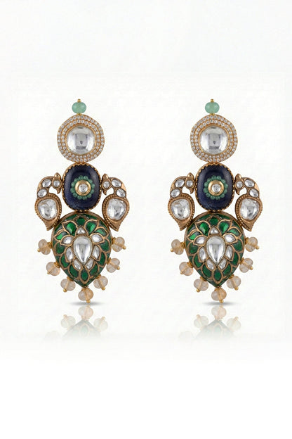 Gold Finish Green Kundan Polki Dangler Earrings