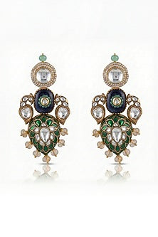 Gold Finish Green Kundan Polki Dangler Earrings