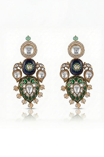 Gold Finish Green Kundan Polki Dangler Earrings