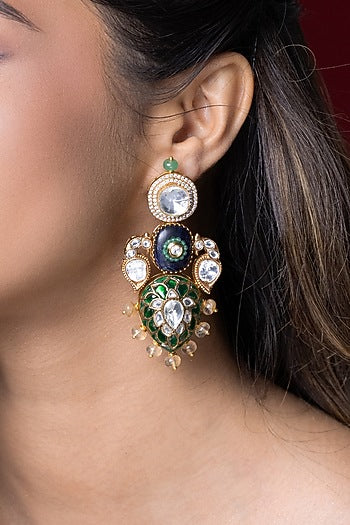 Gold Finish Green Kundan Polki Dangler Earrings
