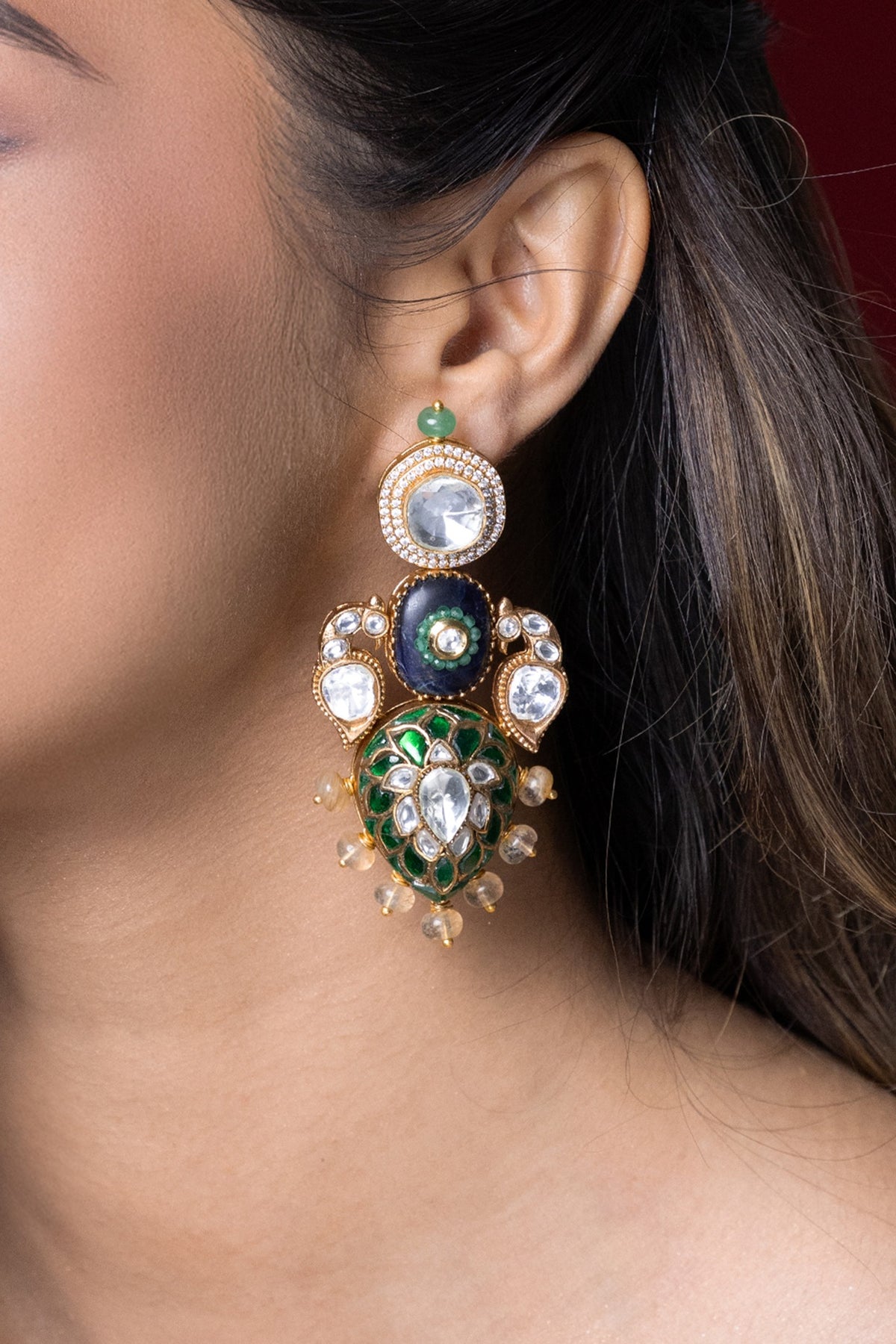 Gold Finish Green Kundan Polki Dangler Earrings