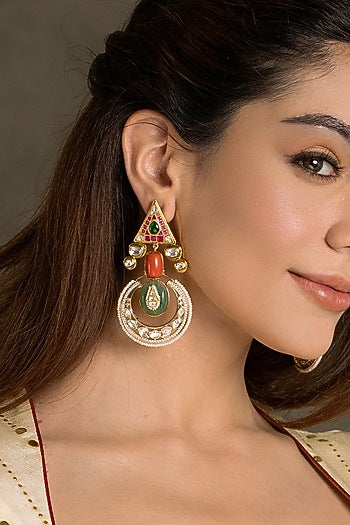 Gold Finish Kundan Polki & Green Stone Dangler Earrings