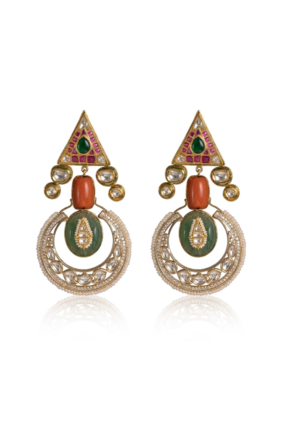 Gold Finish Kundan Polki & Green Stone Dangler Earrings