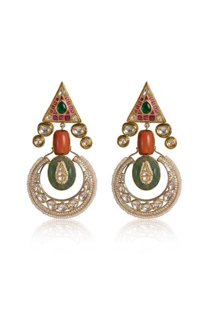 Gold Finish Kundan Polki & Green Stone Dangler Earrings