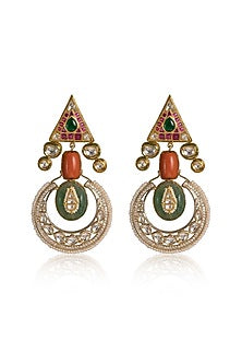 Gold Finish Kundan Polki & Green Stone Dangler Earrings