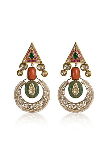 Gold Finish Kundan Polki & Green Stone Dangler Earrings