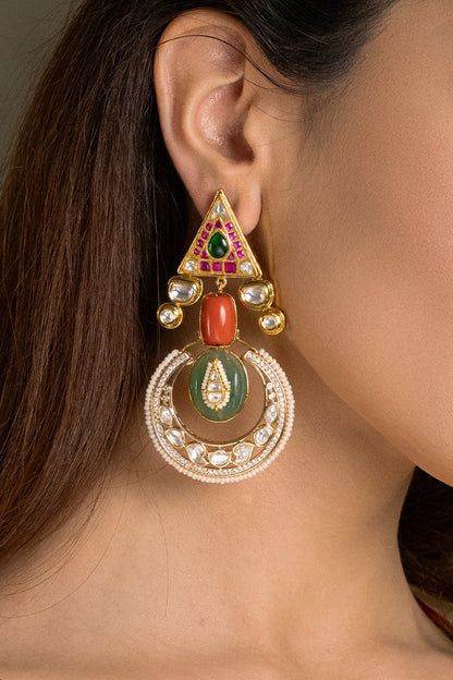 Gold Finish Kundan Polki & Green Stone Dangler Earrings