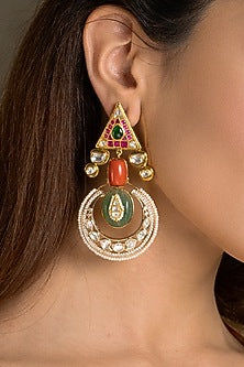 Gold Finish Kundan Polki & Green Stone Dangler Earrings