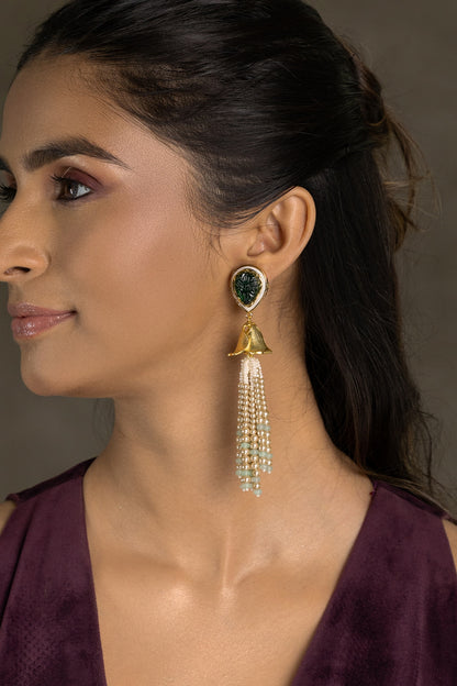 Gold Finish Green Stone & Gold Beaded Dangler Earrings