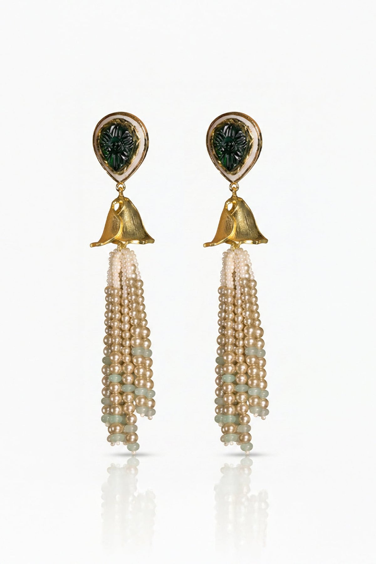 Gold Finish Green Stone & Gold Beaded Dangler Earrings