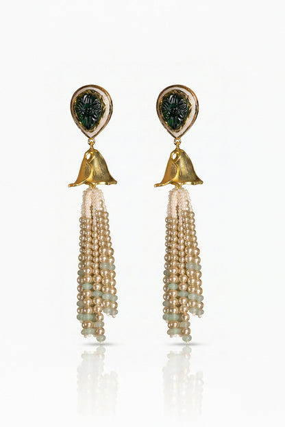 Gold Finish Green Stone & Gold Beaded Dangler Earrings