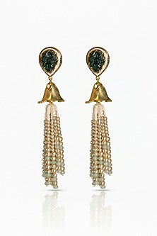 Gold Finish Green Stone & Gold Beaded Dangler Earrings