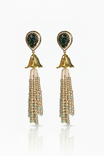Gold Finish Green Stone & Gold Beaded Dangler Earrings