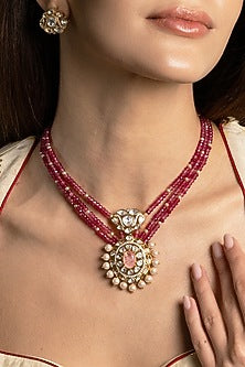 Gold Finish Kundan Polki & Ruby Beaded Long Necklace Set