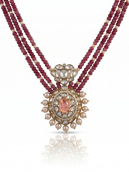 Gold Finish Kundan Polki & Ruby Beaded Long Necklace Set