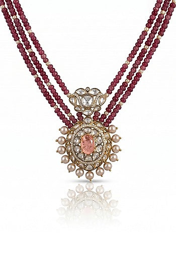 Gold Finish Kundan Polki & Ruby Beaded Long Necklace Set