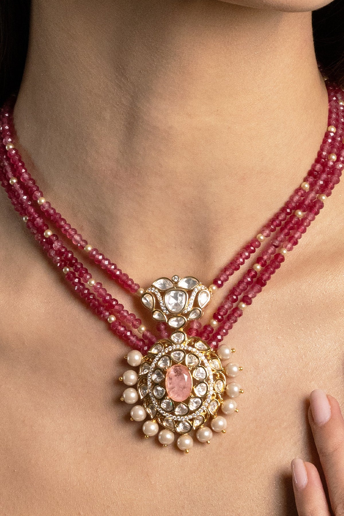 Gold Finish Kundan Polki & Ruby Beaded Long Necklace Set