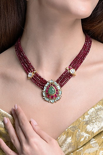 Gold Finish Kundan Polki & Ruby Beaded Choker Necklace Set