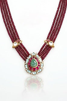 Gold Finish Kundan Polki & Ruby Beaded Choker Necklace Set