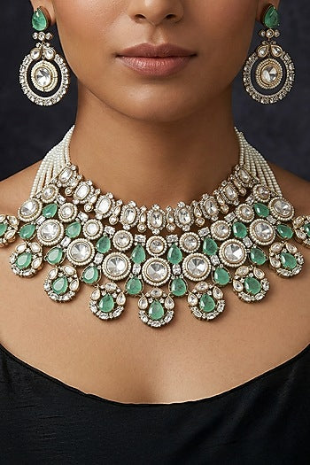 Gold Finish Mint Green Kundan Polki & Pearl Choker Necklace Set