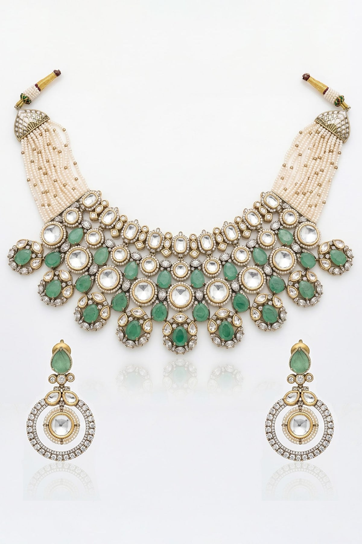 Gold Finish Mint Green Kundan Polki & Pearl Choker Necklace Set