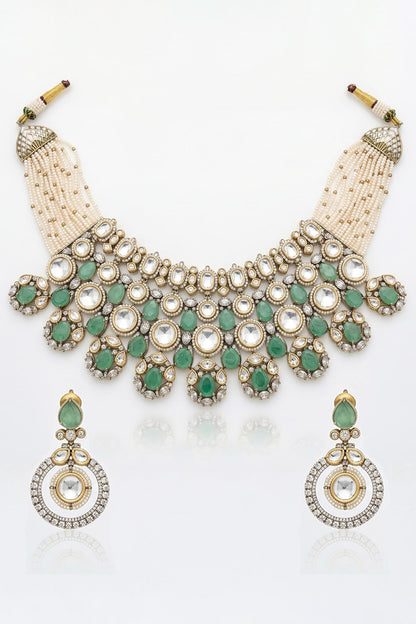 Gold Finish Mint Green Kundan Polki & Pearl Choker Necklace Set