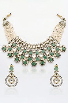 Gold Finish Mint Green Kundan Polki & Pearl Choker Necklace Set