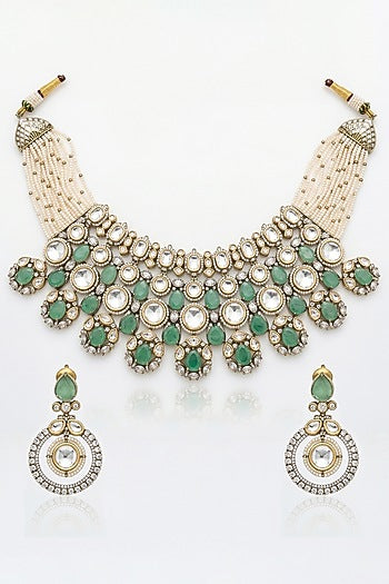 Gold Finish Mint Green Kundan Polki & Pearl Choker Necklace Set