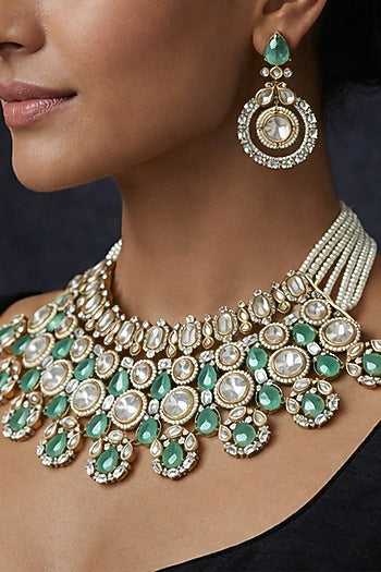 Gold Finish Mint Green Kundan Polki & Pearl Choker Necklace Set