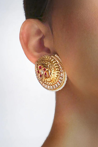 Gold Plated Kundan Polki & Hydro Ruby Stone Stud Earrings