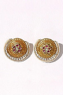 Gold Plated Kundan Polki & Hydro Ruby Stone Stud Earrings