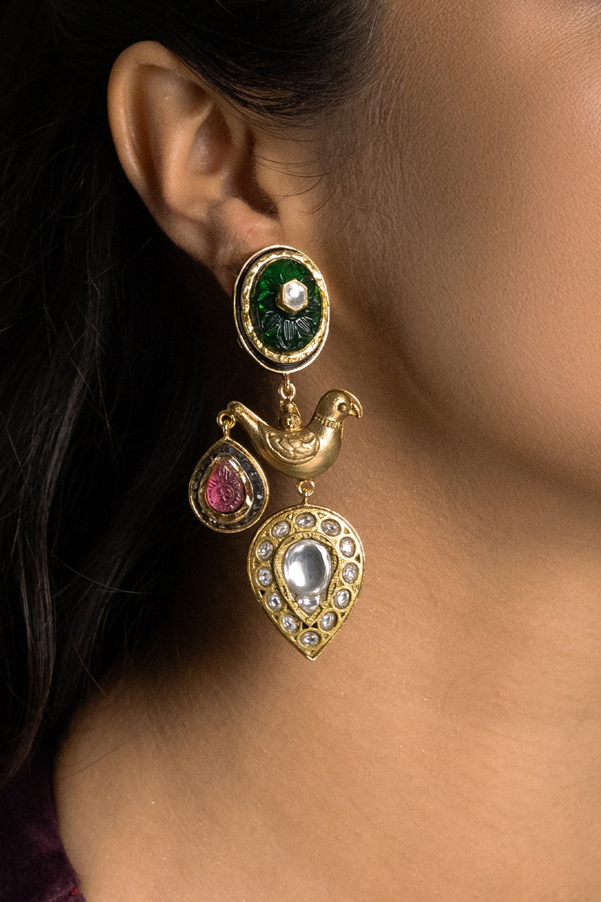 Gold Finish Kundan Polki Dangler Earrings