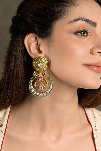 Gold Finish Multi-Colored Kundan Polki Dangler Earrings