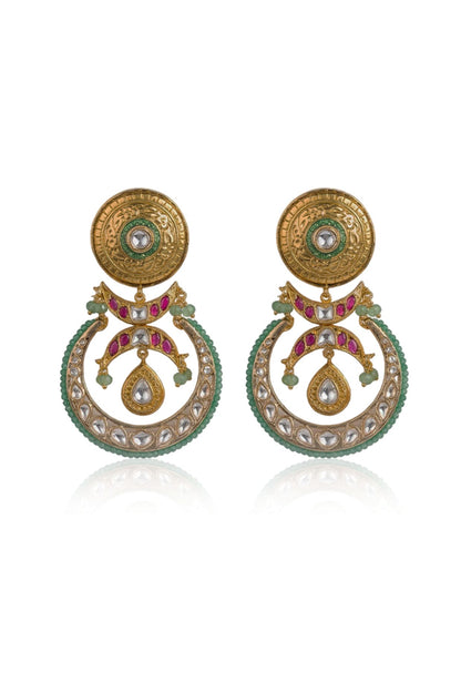Gold Finish Multi-Colored Kundan Polki Dangler Earrings