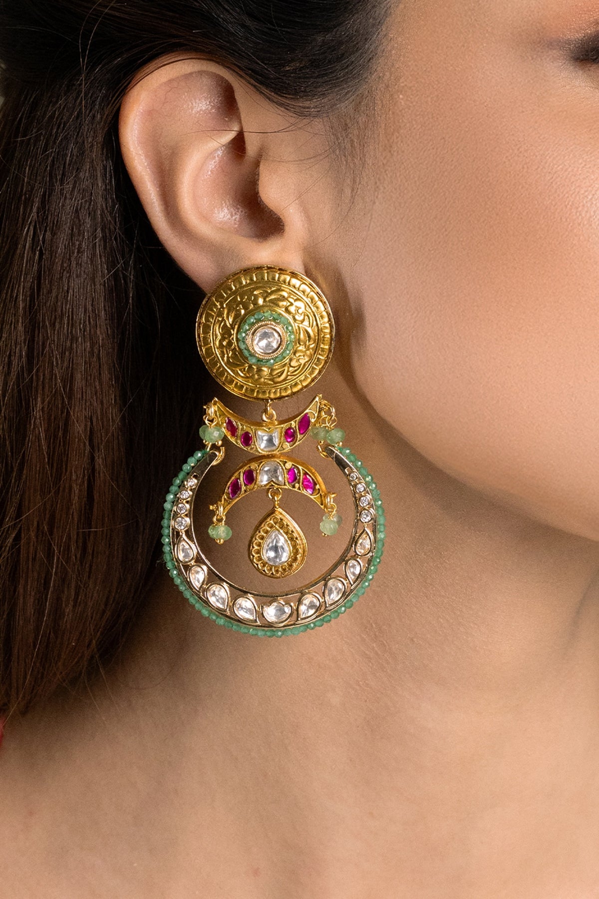 Gold Finish Multi-Colored Kundan Polki Dangler Earrings