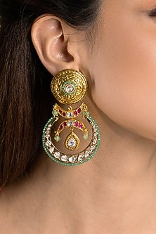 Gold Finish Multi-Colored Kundan Polki Dangler Earrings