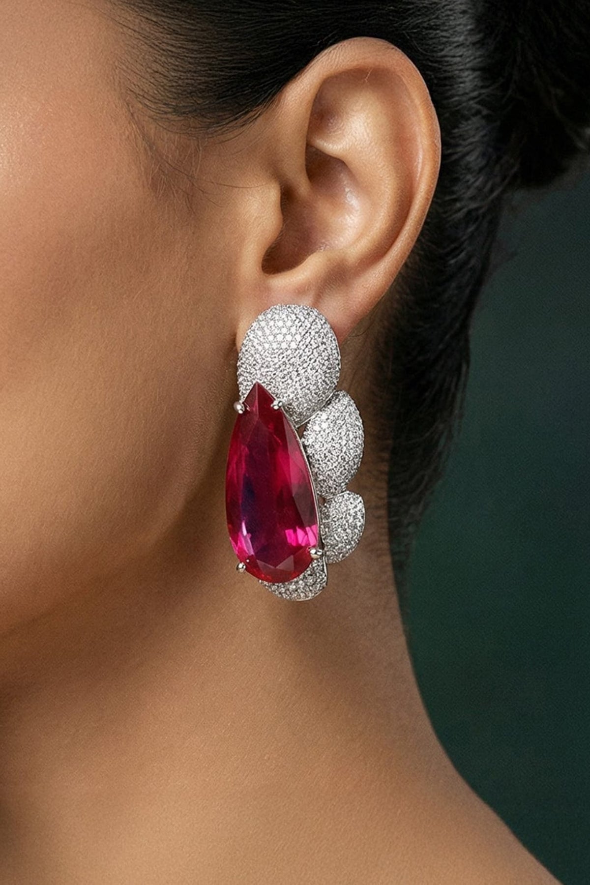 White Finish Zircon & Ruby Stone Dangler Earrings