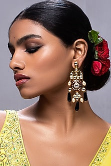 Gold Finish Black Onyx Drops Earrings