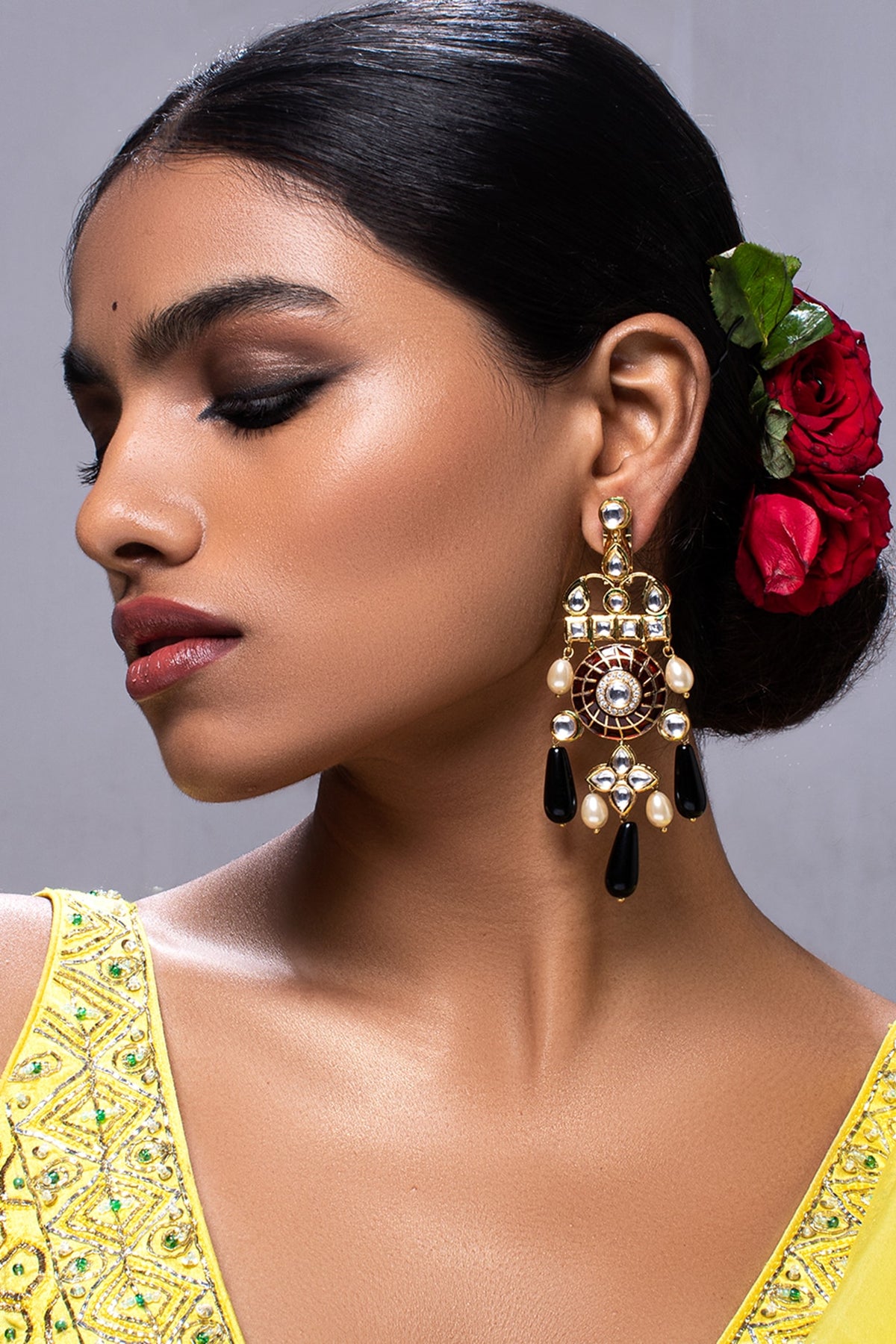 Gold Finish Black Onyx Drops Earrings