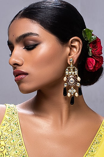 Gold Finish Black Onyx Drops Earrings