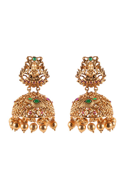 Antique Gold Finish Hydro Ruby Jhumka Earrings