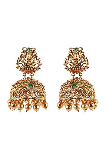 Antique Gold Finish Hydro Ruby Jhumka Earrings