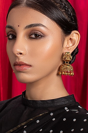 Antique Gold Finish Hydro Ruby Jhumka Earrings