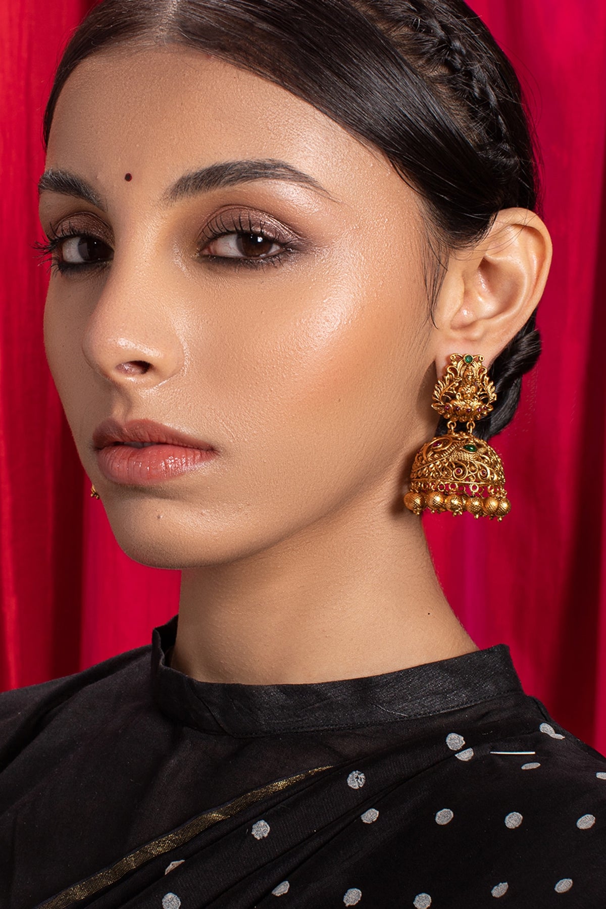 Antique Gold Finish Hydro Ruby Jhumka Earrings