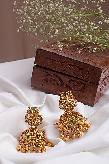 Antique Gold Finish Hydro Ruby Jhumka Earrings