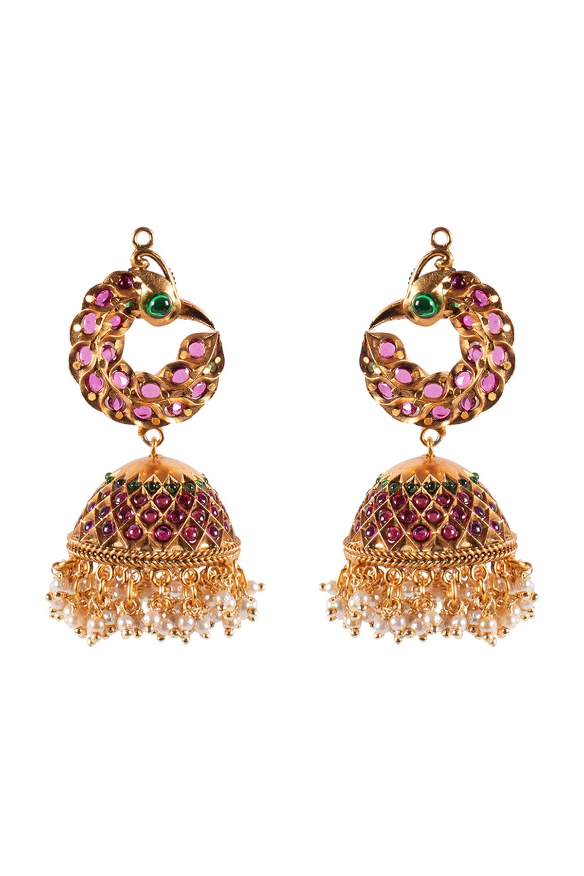 Antique Gold Finish Hydro Emeralds Jhumka Earrings