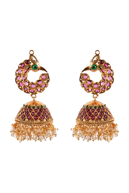 Antique Gold Finish Hydro Emeralds Jhumka Earrings